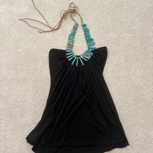 Sky Black Halter Tank Top with Turquoise Beaded Neckline